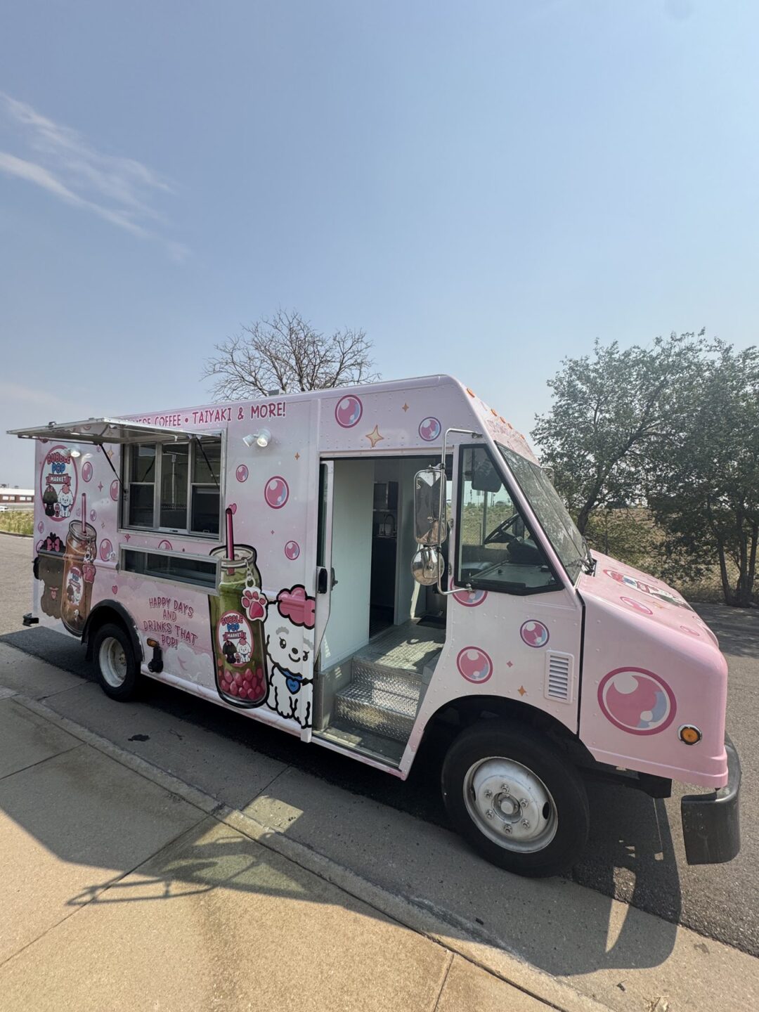 Pink 14ft boba tea food truck built for Bubble Pop Market in Fort Collins, Colorado
