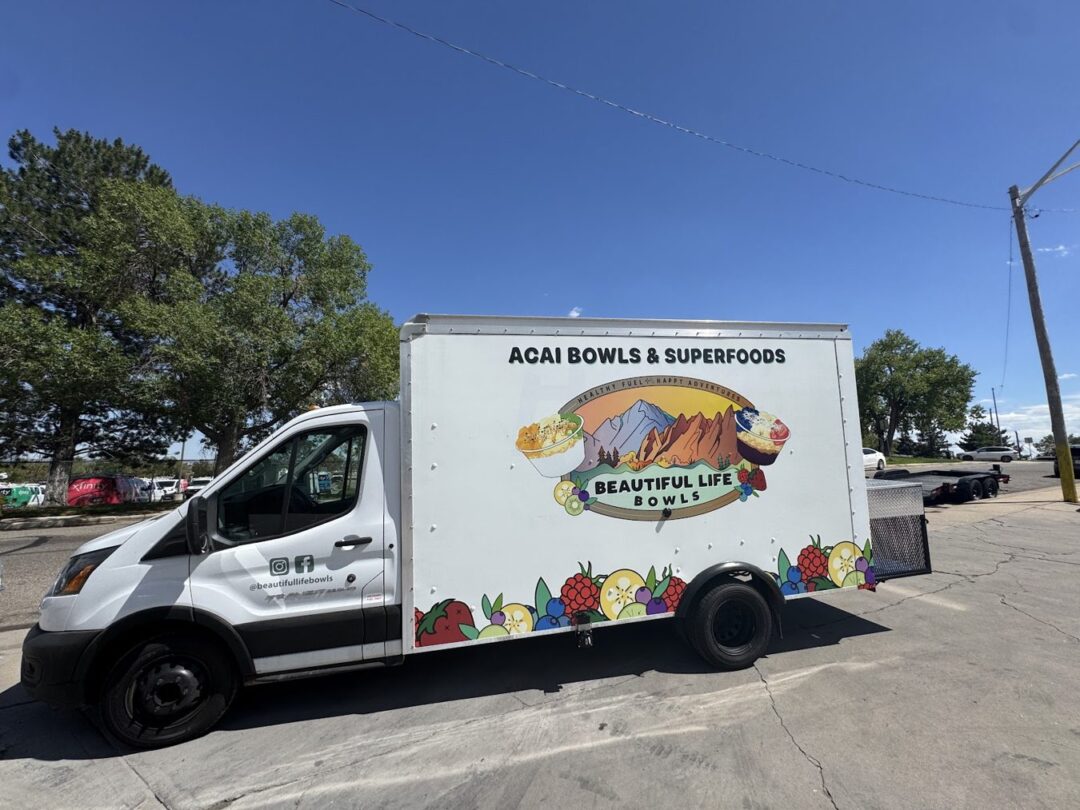 Beautiful Life Bowls açaí bowl food truck on a Ford Transit box truck in Fort Collins, Colorado