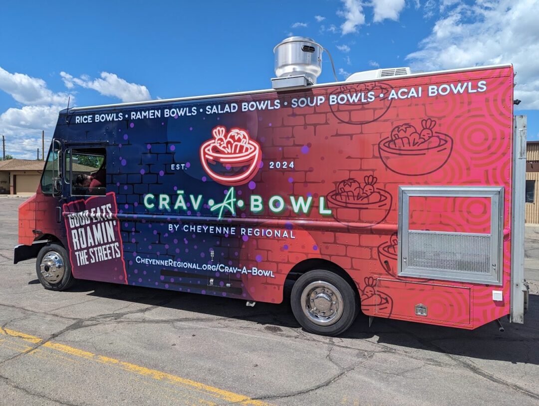 Sixteen foot Crav-A-Bowl food truck built by Mile High Food Trucks for Cheyenne Regional Medical Center, curb side with the service window